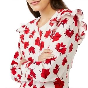 Free Assembly Womens XXXL Ruffle Shoulder Floral Tunic Top Red Light Pink Cotton